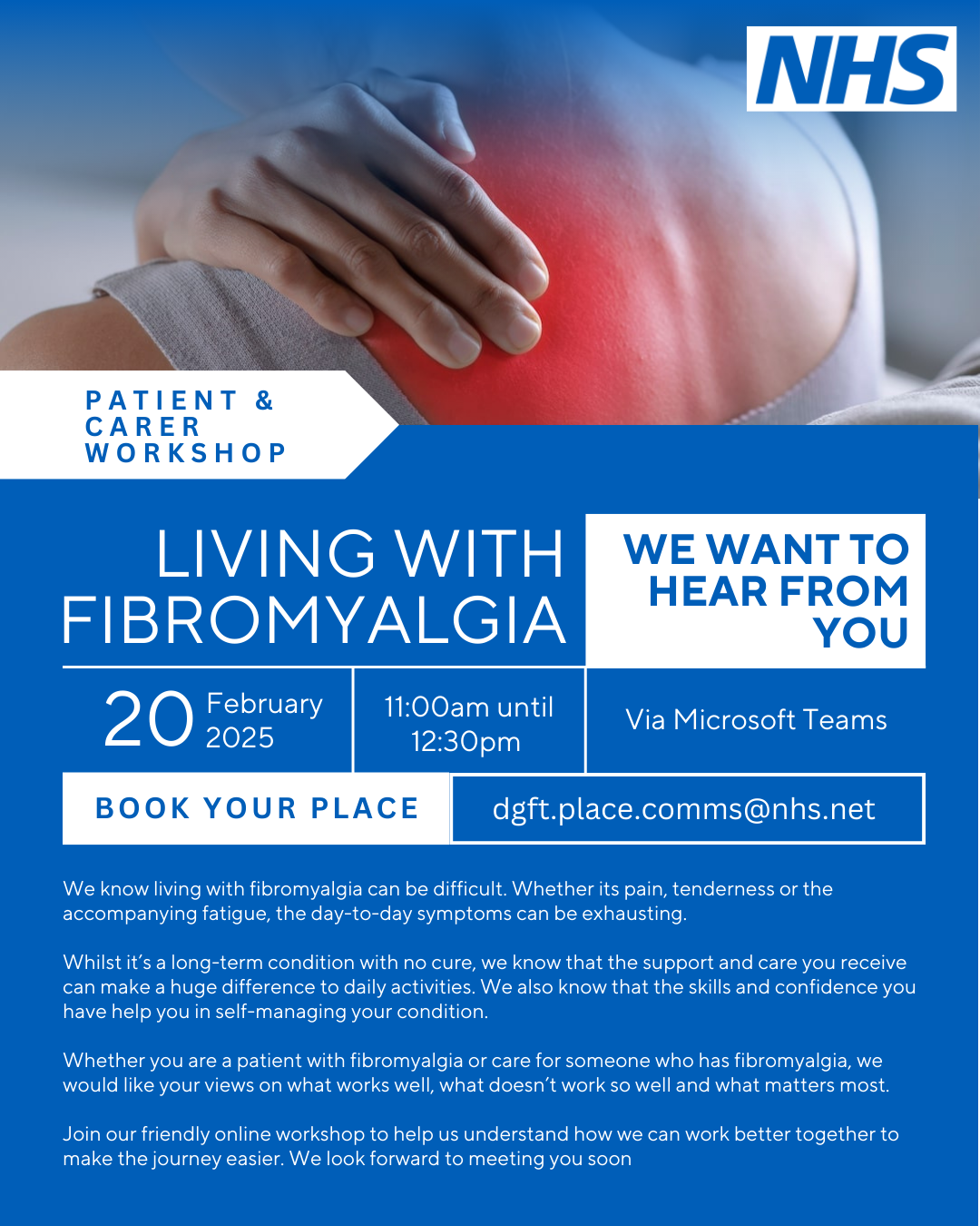 Living with Fibromyalgia workshop invite 20 feb event